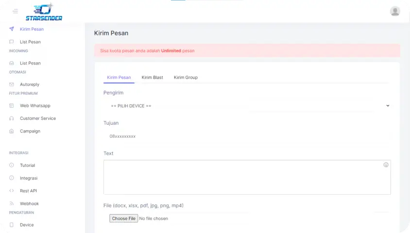 Tampilan dashboard StarSender Bulanan - Halaman kirim pesan